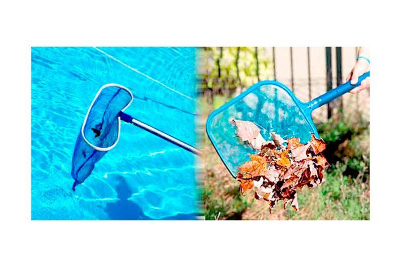Recogedor de hojas para piscina tipo bolsa AquaPro comercial, collage mostrando el producto en uso dentro y fuera del agua