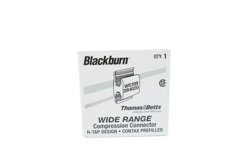 Conector de compresión tipo H Burndy caja 6 principal 4/0 a 3/0 derivación 2/0 a 1, en su empaque de cartón blanco