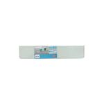 Repisa de vidrio Dolle de 24"x5"x5/16" estándar transparente, vista frontal del empaque con ilustraciones de uso