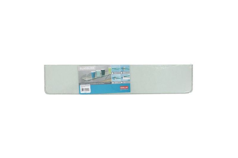Repisa de vidrio Dolle de 24"x5"x5/16" estándar transparente, vista frontal del empaque con ilustraciones de uso