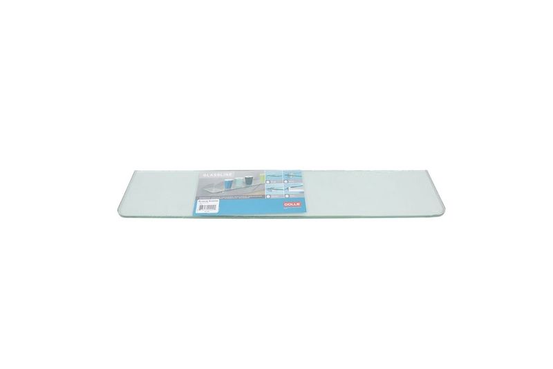 Repisa de vidrio Dolle de 24" x 5" x 5/16" estándar transparente, vista frontal con etiqueta informativa adherida