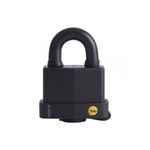 Candado intemperie Yale de 71 mm negro doble bloqueo, vista frontal del cuerpo robusto y grillete circular