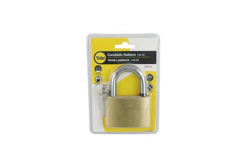 Candado bronce Yale de 70 mm, presentado en empaque blister amarillo con llaves incluidas