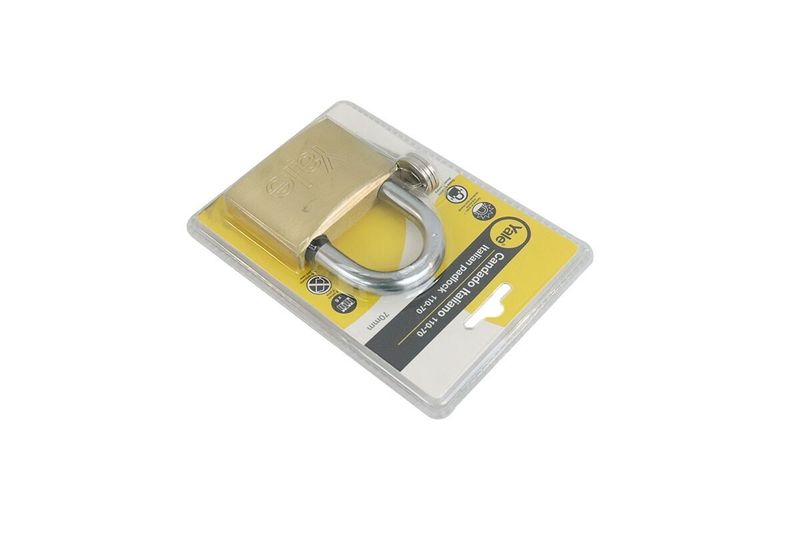 Candado bronce Yale de 70 mm, empaque blister transparente con tarjeta amarilla y blanca