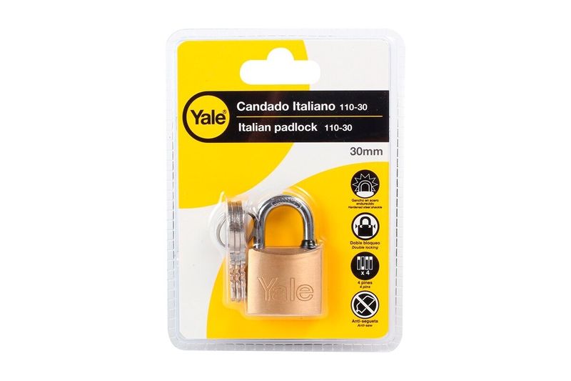 Candado bronce Yale de 30 mm, presentado en su empaque blíster amarillo con llaves incluidas