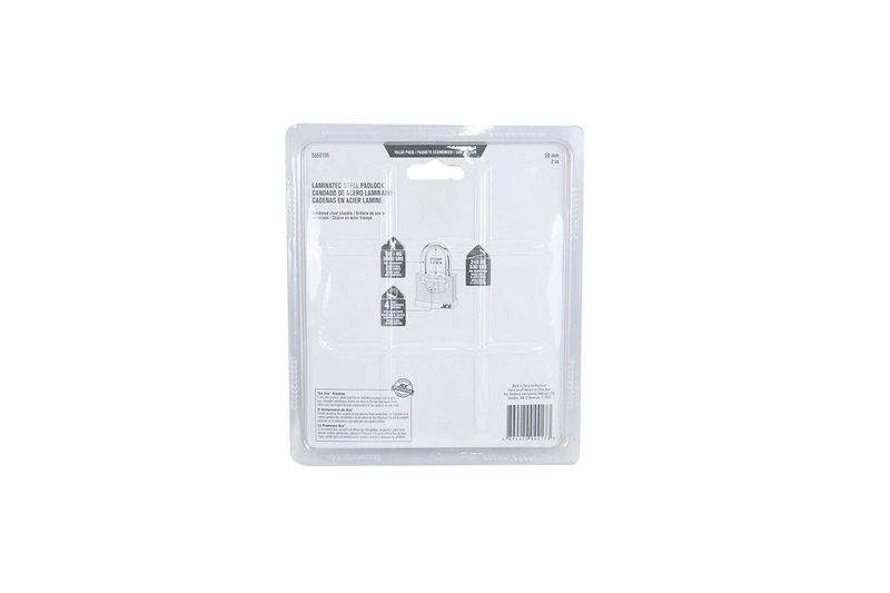 Candado laminado 2 piezas Ace 52 mm negro alta seguridad, empaque blister transparente con información técnica frontal