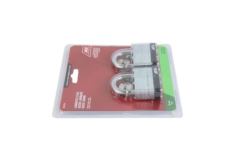 Candado laminado 2 piezas Ace 52 mm negro alta seguridad, dos unidades en empaque blíster con fondo rojo y blanco
