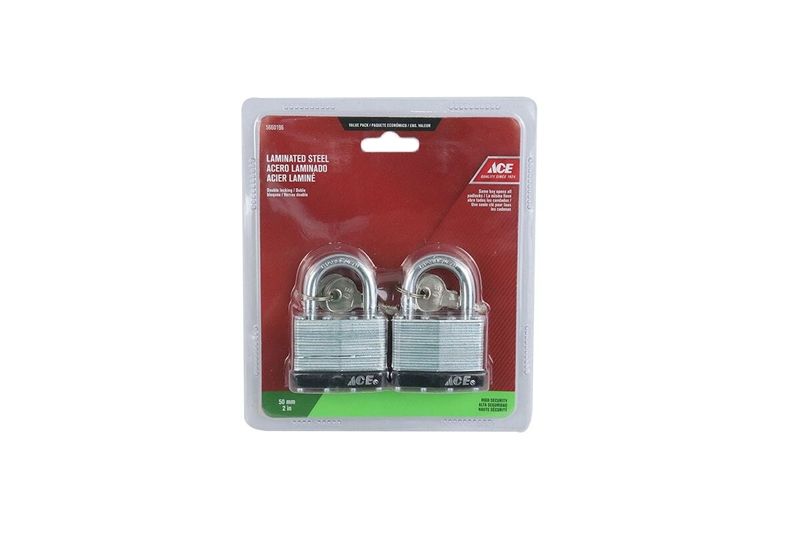 Candado laminado 2 piezas Ace 52 mm negro alta seguridad, juego de dos candados en su empaque plástico transparente
