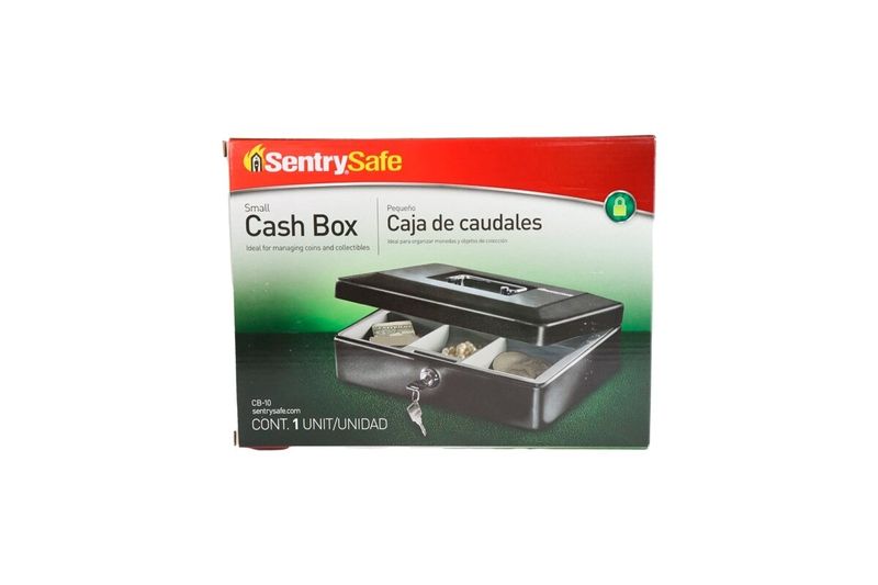 Caja de seguridad de llave Sentry Safe de 0.12 pies cúbicos, empaque frontal con ilustración del producto y llaves