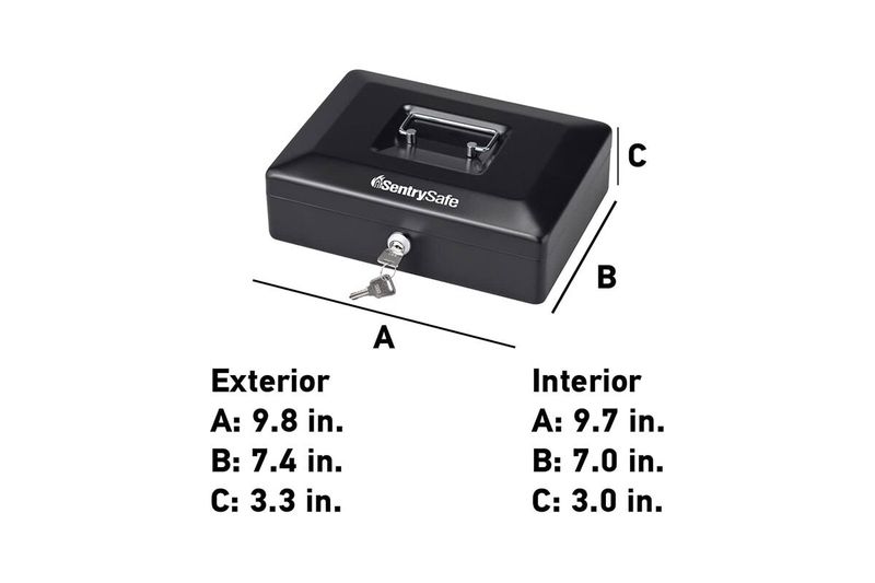 Caja de seguridad de llave Sentry Safe de 0.12 cu, gráfico con medidas externas e internas en pulgadas