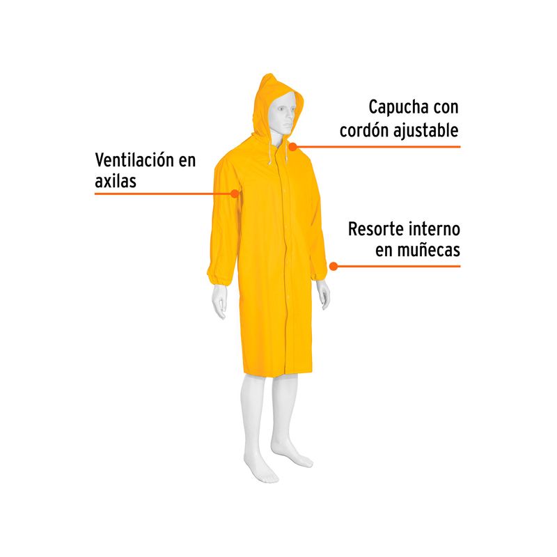 Capote 1 pieza PVC Truper amarillo, maniquí blanco con infografías resaltando capucha, ventilación y muñecas