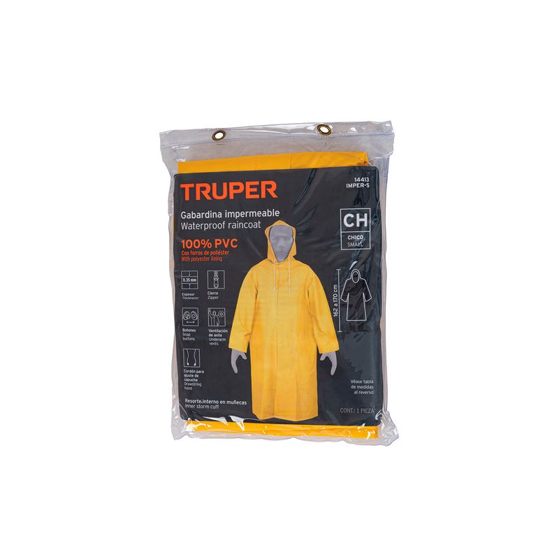 Capote 1 pieza PVC Truper amarillo, empaque plástico transparente con ilustración del producto y detalles técnicos