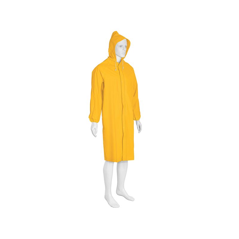 Capote 1 pieza PVC Truper amarillo, puesto en maniquí blanco con capucha levantada