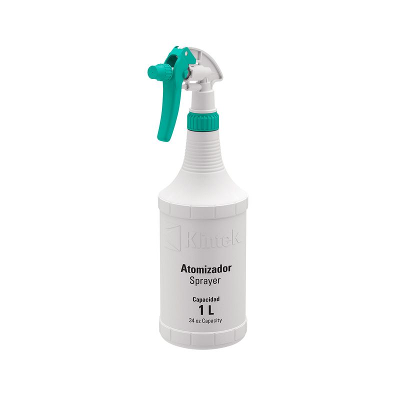 Rociador de 1 litro Klintek, botella blanca con gatillo verde y etiqueta frontal