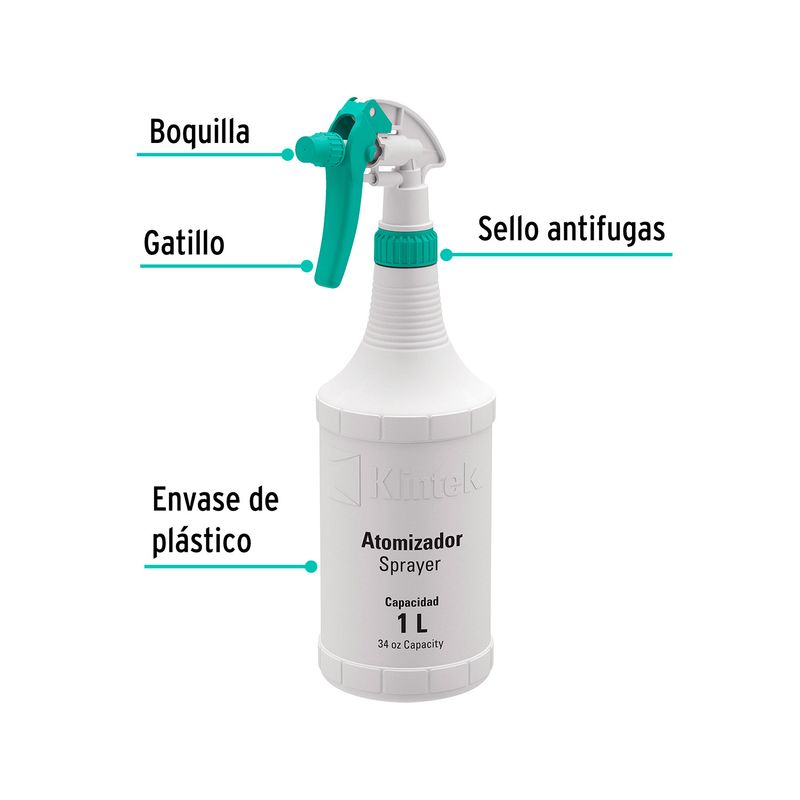 Rociador de 1 litro Klintek, gráfico con señalizaciones de boquilla, gatillo, sello antifugas y envase de plástico