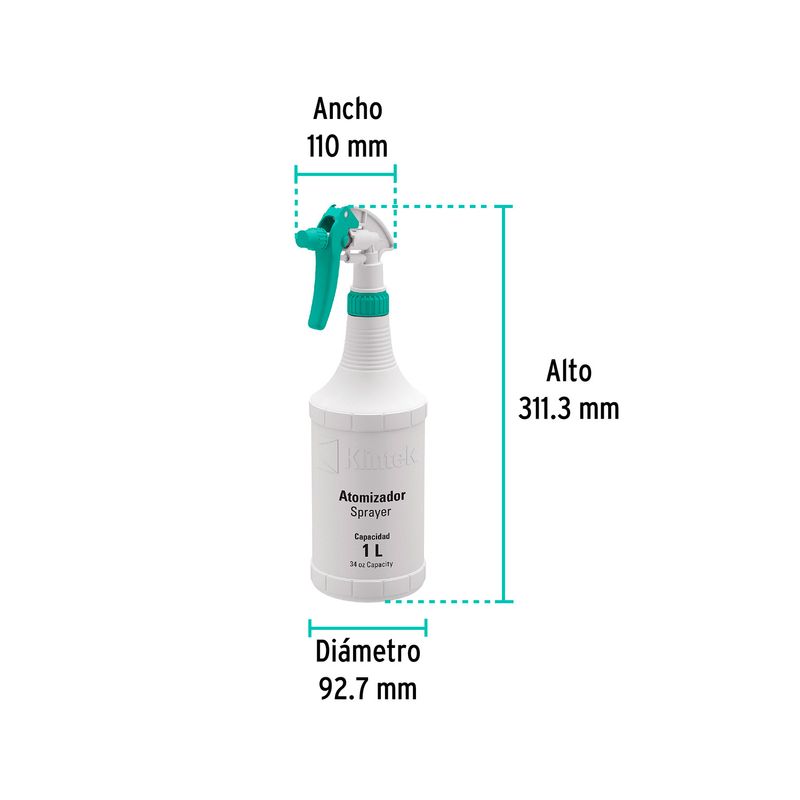 Rociador de 1 litro Klintek, gráfico con dimensiones de ancho 110 mm, alto 311.3 mm y diámetro 92.7 mm