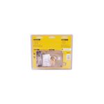 Cerradura parche Yale metal cilindro fijo derecha, vista frontal del producto en su empaque amarillo