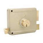 Cerradura parche Yale metal cilindro fijo derecha, vista frontal en color dorado mate con cilindro de llave central