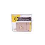 Cerradura parche Yale metal cilindro fijo derecha, producto en su empaque plástico con tarjeta amarilla y blanca