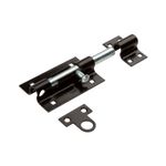 Pasador recto National Hardware de 5 pulgadas negro uso pesado, vista superior con el perno extendido y su base