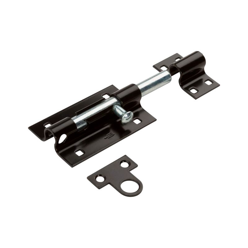 Pasador recto National Hardware de 5 pulgadas negro uso pesado, vista superior con el perno extendido y su base