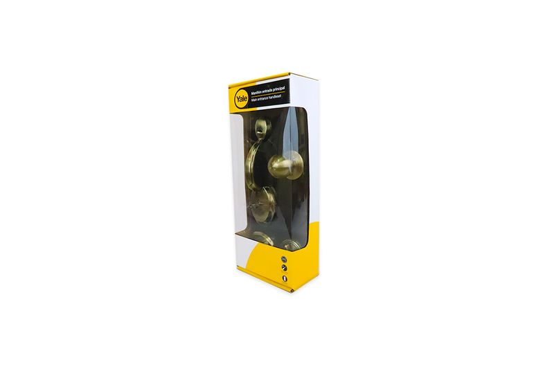 Cerradura pichel Wales llave/mariposa Yale bronce antiguo, vista frontal del producto dentro de su empaque original