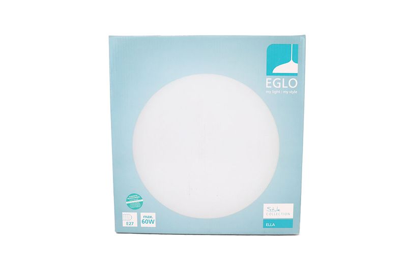 Luminaria plafón blanca Ella 1 luz E27 60W Eglo, vista frontal del empaque en caja celeste con ilustración del producto