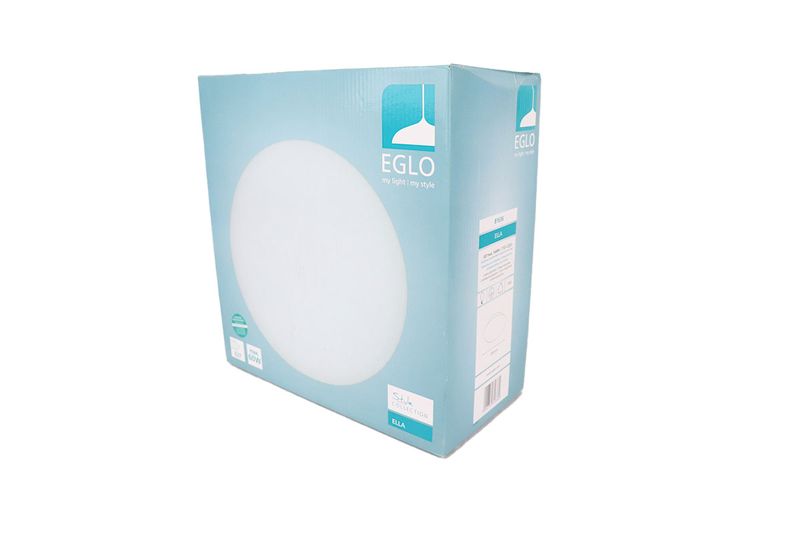 Luminaria plafón blanca Ella 1 luz E27 60W Eglo, empaque de cartón color celeste con ilustración del producto