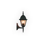Luminaria de pared exterior estilo farol 1L E27 negro vidrio biselado Genova, vista frontal encendida sobre fondo blanco