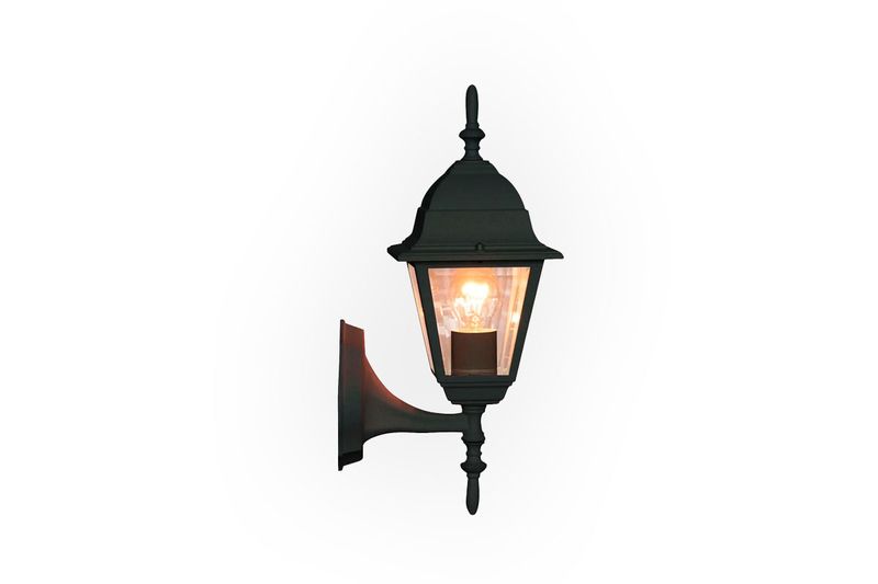 Luminaria de pared exterior estilo farol 1L E27 negro vidrio biselado Genova, vista frontal encendida sobre fondo blanco