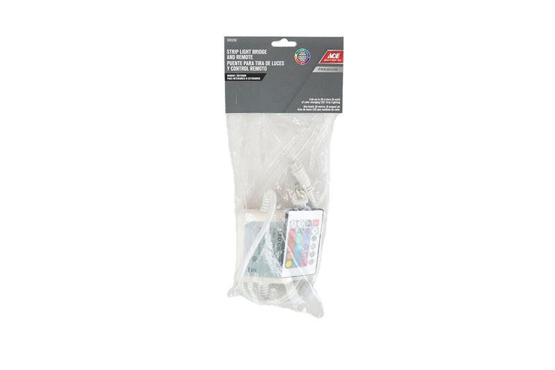 Puente rectificador para cinta LED y control remoto Ace, producto en empaque plástico con control remoto multicolor
