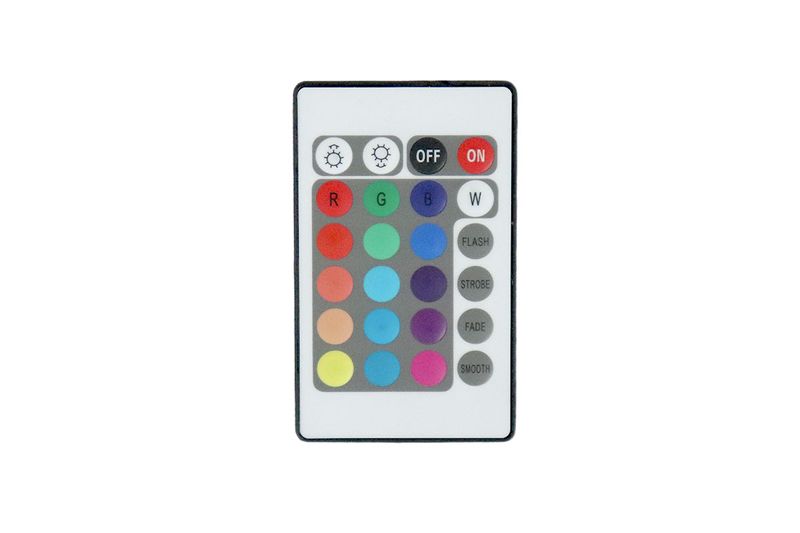 Puente rectificador para cinta LED y control remoto Ace, vista frontal del control remoto blanco con botones de colores