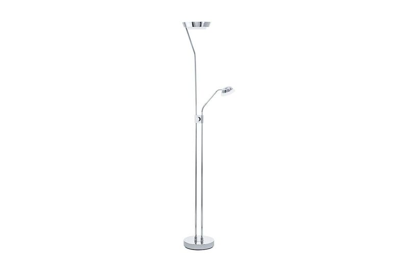 Lámpara de piso LED Sarrione cromo atenuable Eglo, vista frontal del equipo con dos focos y acabado brillante