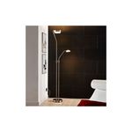 Lámpara de piso LED Sarrione cromo atenuable Eglo, encendida en ambiente interior junto a una pared negra y un sillón