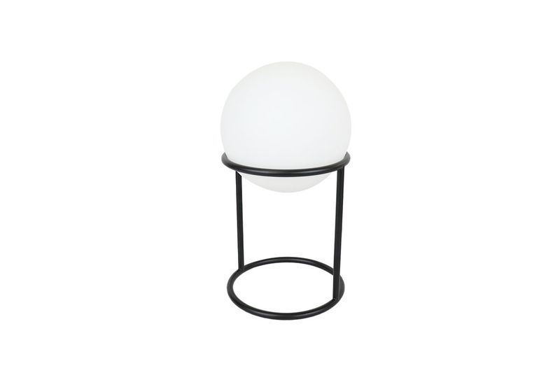 Lámpara de mesa Castellato 1 vidrio opalino mate acero negro Eglo, vista frontal con pantalla globular blanca y base negra
