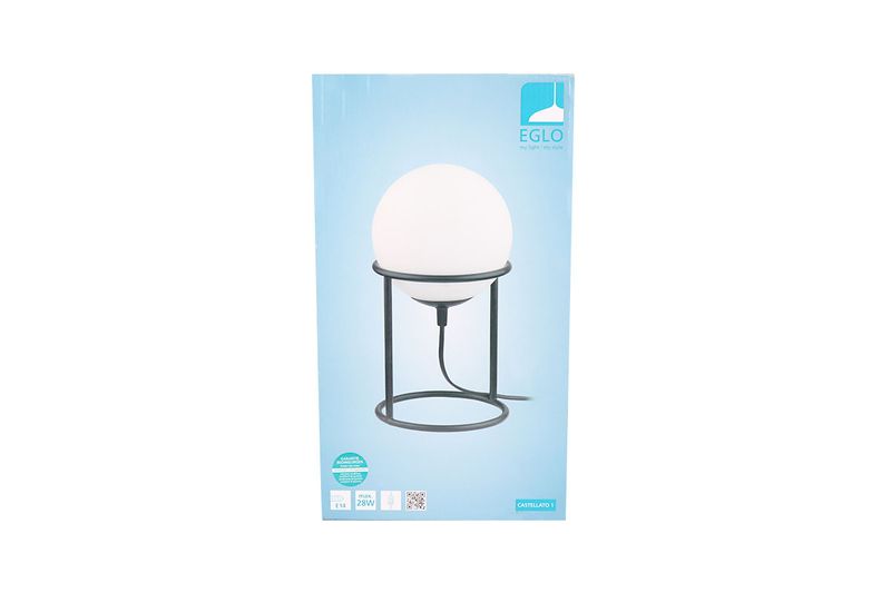 Lámpara de mesa Castellato 1 vidrio opalino mate acero negro Eglo, empaque frontal con ilustración del equipo