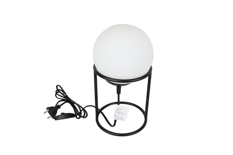 Lámpara de mesa Castellato 1 vidrio opalino mate acero negro Eglo, vista frontal con cable y enchufe negro