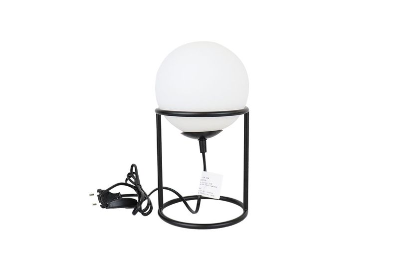 Lámpara de mesa Castellato 1 vidrio opalino mate acero negro Eglo, vista frontal con cable y enchufe blanco