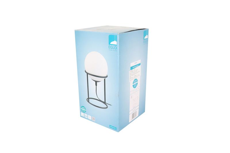 Lámpara de mesa Castellato 1 vidrio opalino mate acero negro Eglo, empaque de cartón azul con foto del producto