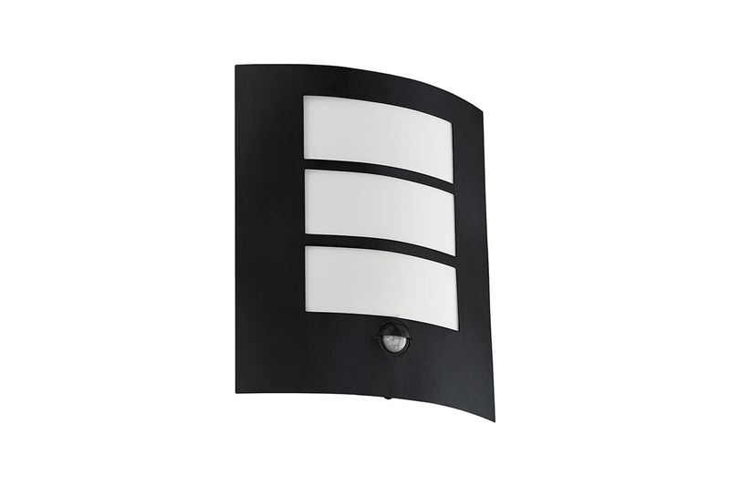 Lámpara de pared City con sensor plástico negro E27 Eglo, vista frontal del aplique negro con difusor blanco y sensor