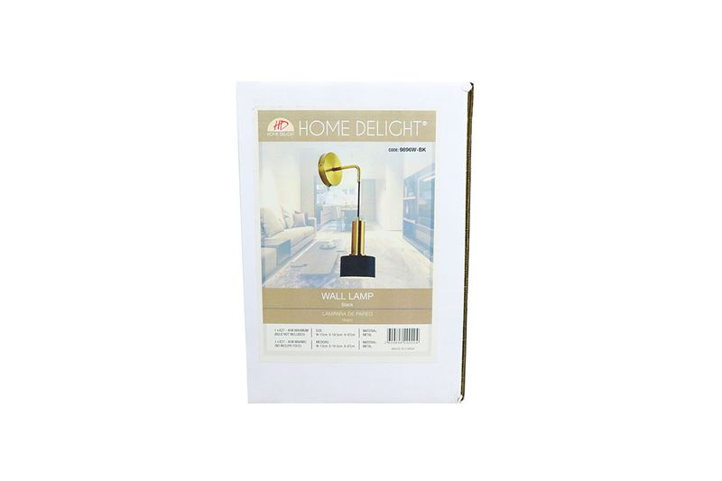 Luminaria de pared colgante Hara 1L E27 dorado/negro Home Delight, empaque frontal con fotografía del producto instalado