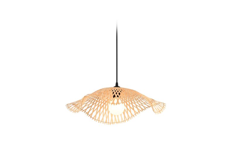 Luminaria de techo colgante Loft II 1L E27 dorado/negro Home Delight, vista frontal encendida con pantalla de bambú