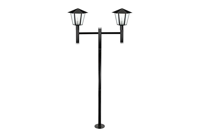 Luminaria poste doble hexagonal 2.44 m 2L E27 100W IP54 acero negro Blumenau, vista frontal completa sobre fondo blanco
