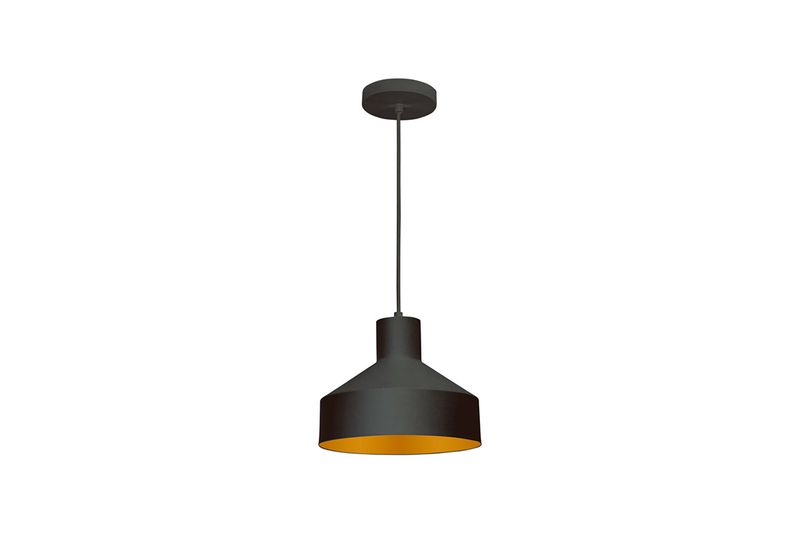 Luminaria colgante lisa 1L E27 60W cable ajust. negro/dorado Blumenau, vista frontal de pantalla negra e interior dorado