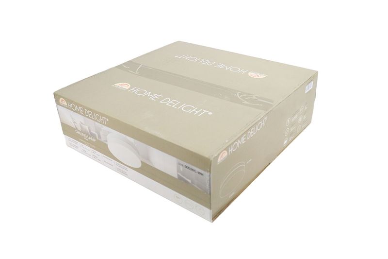 Luminaria de techo plafón 2L E27 60W vidrio opal/blanco Home Delight, vista diagonal de la caja de cartón con ilustración
