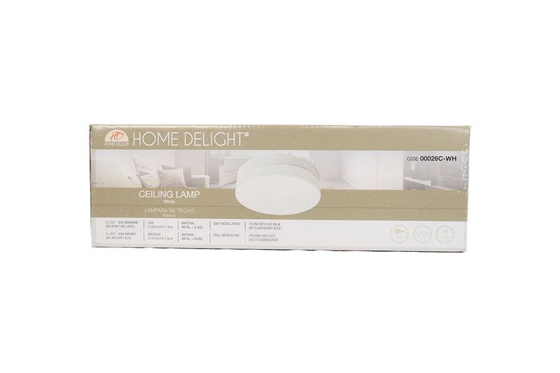 Luminaria de techo plafón 2L E27 60W vidrio opal/blanco Home Delight, en su caja de empaque con ilustración del producto