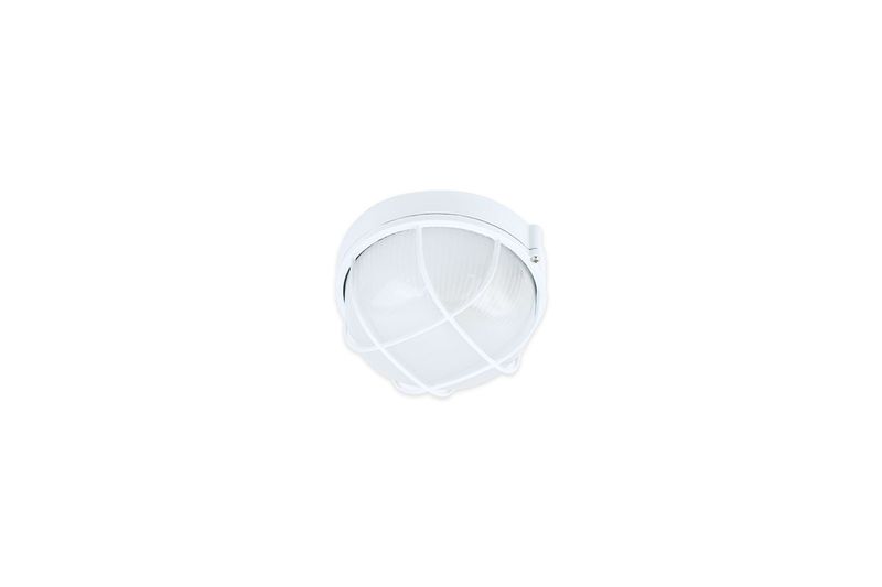Luminaria de pared exterior tipo tortuga 1L E27 100W vidrio templado Genova, vista frontal de color blanco con rejilla