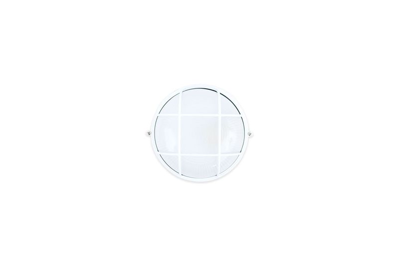 Luminaria de pared exterior tipo tortuga 1L E27 100W vidrio templado Genova, vista frontal del protector blanco en rejilla