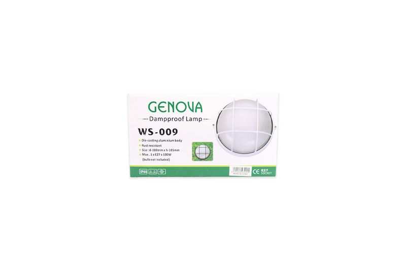 Luminaria de pared exterior tipo tortuga 1L E27 100W vidrio templado Genova, en su caja con ilustración y especificaciones