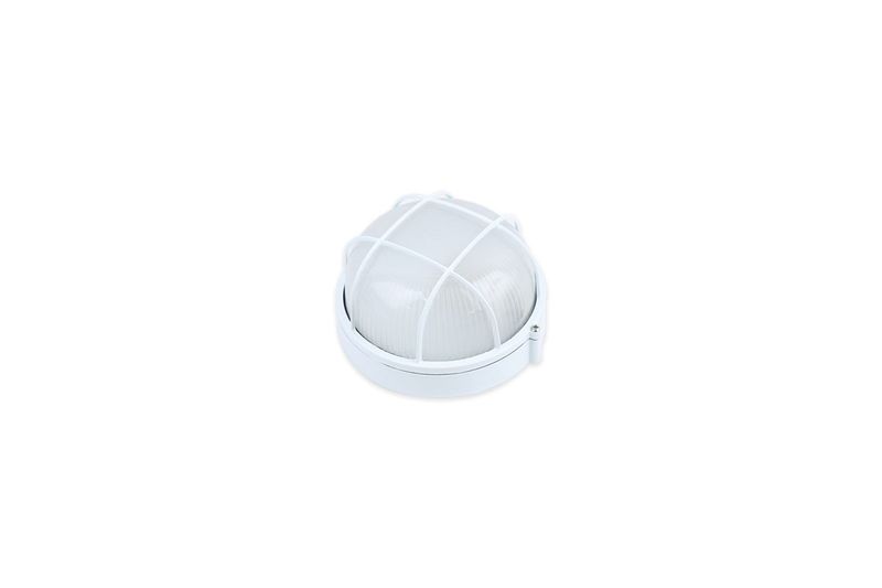 Luminaria de pared exterior tipo tortuga 1L E27 100W vidrio templado Genova, vista frontal con rejilla protectora blanca
